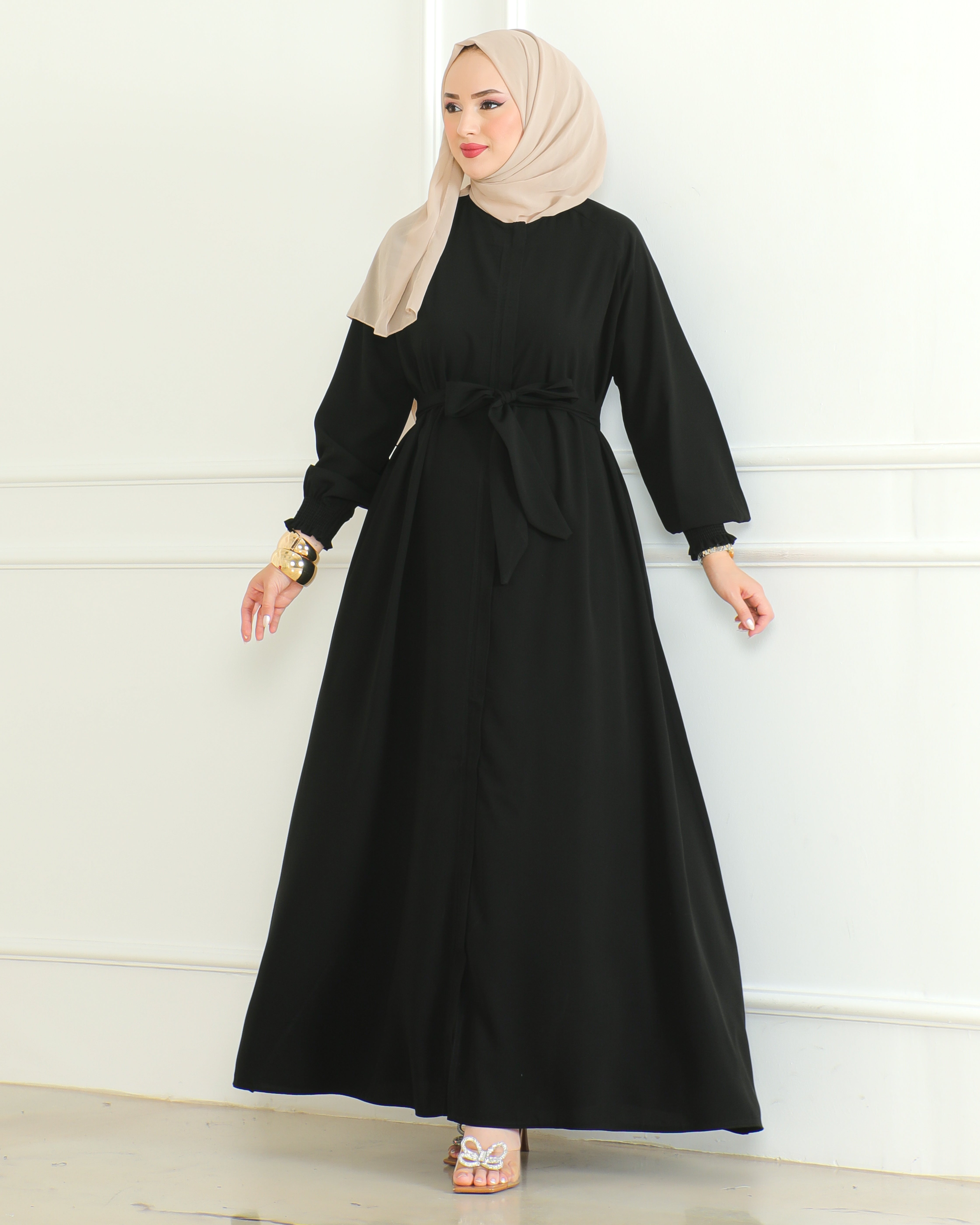 Women's Abaya with Zipper Includes Waist Belt Modest Turkish Long Sleeve Abayas for Women Muslim Fashion